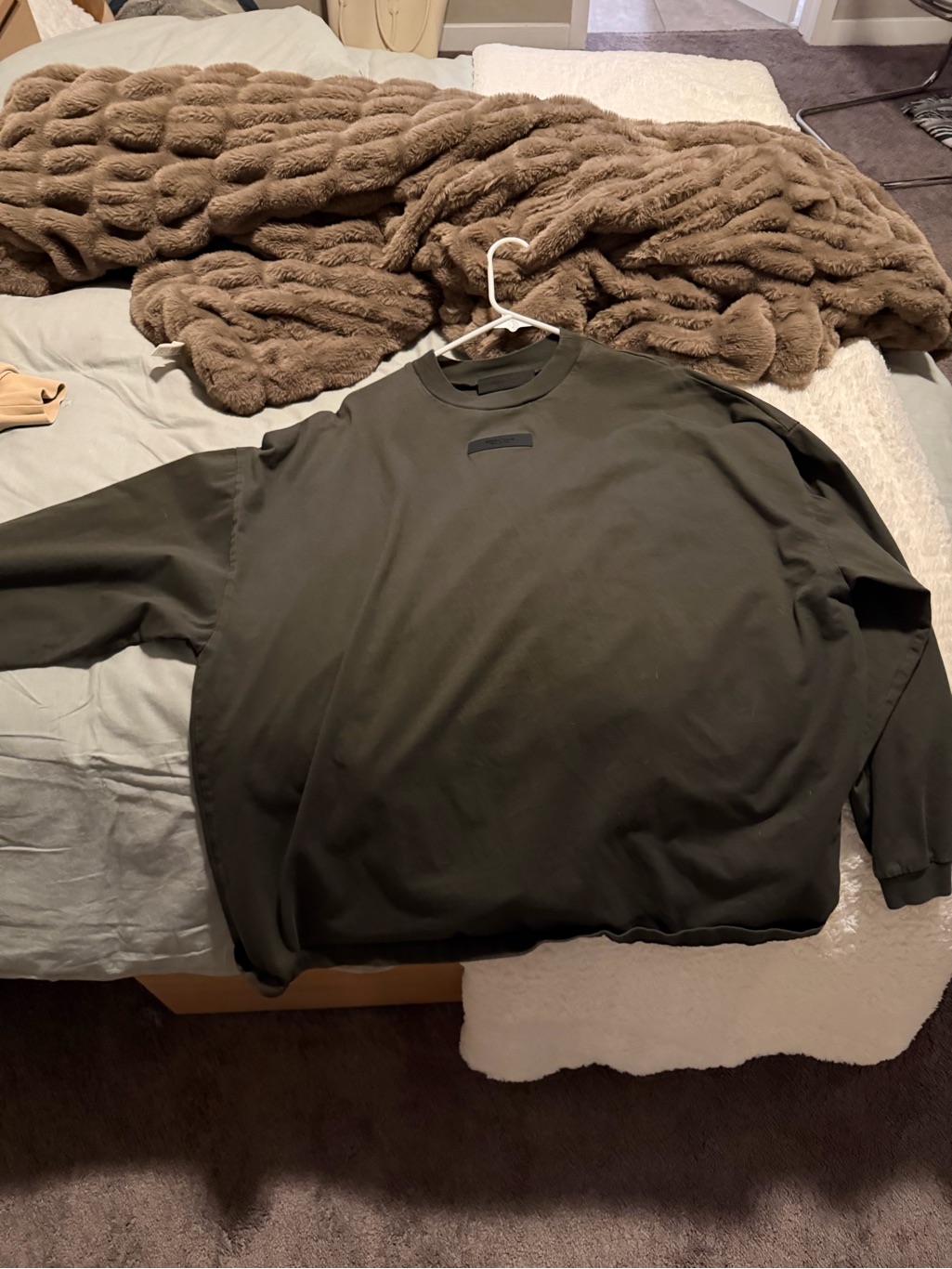 Essentials Olive Crewneck Sweatshirt With Subtle Chest Patch